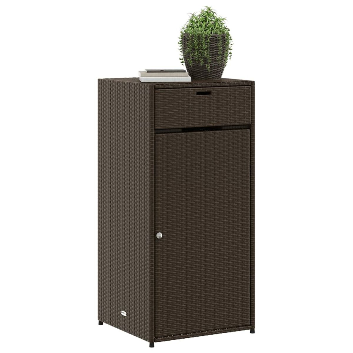 Wicker-Schrank. Braun, hoch, mit Schublade und Tür. Pflanze oben.