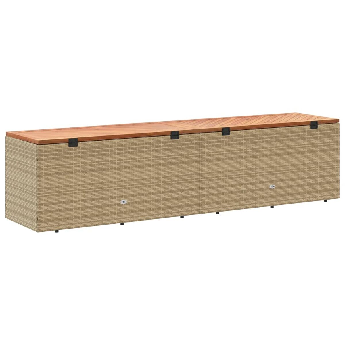 Lange Holz-Aufbewahrungsbox mit hellbraunem, gewebtem Äußeren und einer Holzplatte. Schwarze Scharniere sichtbar.
