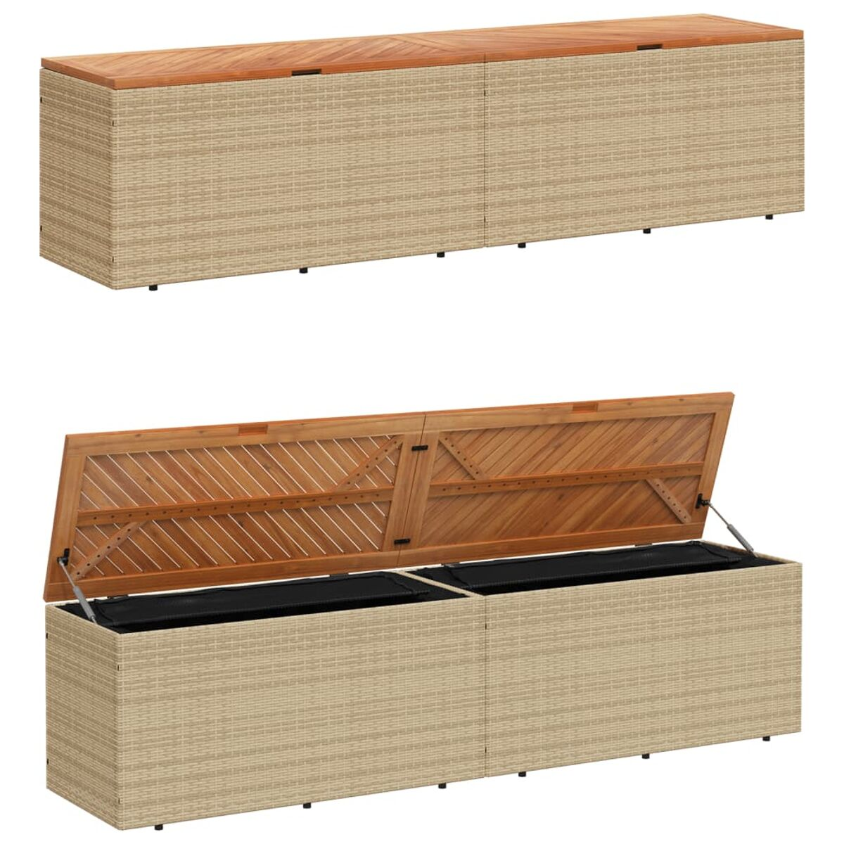Zwei Outdoor-Aufbewahrungsboxen, eine geschlossen und eine offen. Beide sind aus Weide mit Holzplatten und schwarzem Inneren.