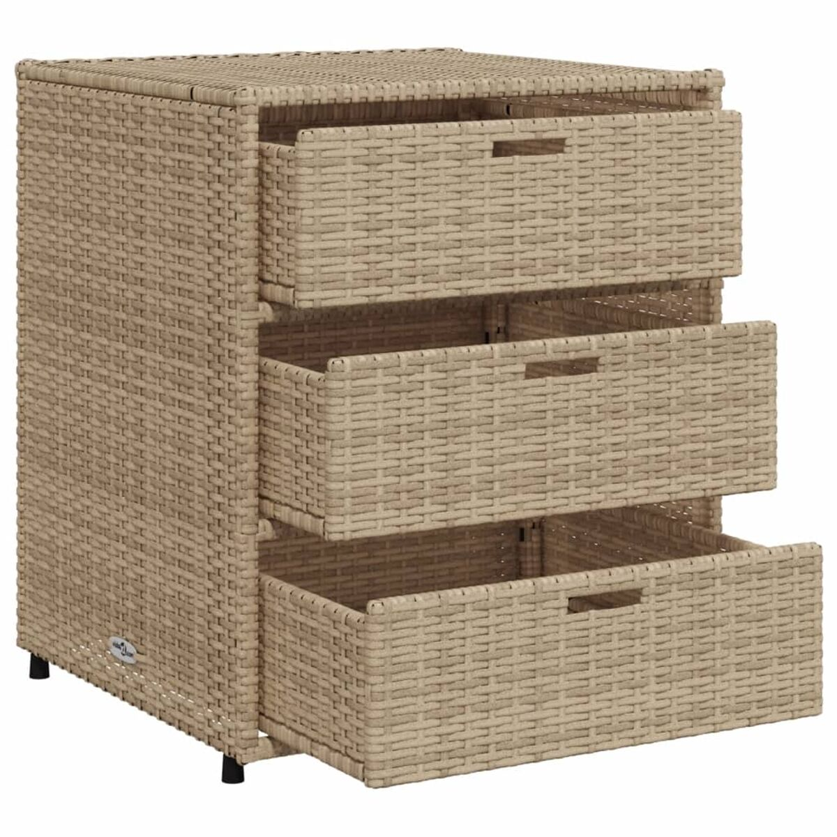Ein Korbschrank mit drei offenen Schubladen.