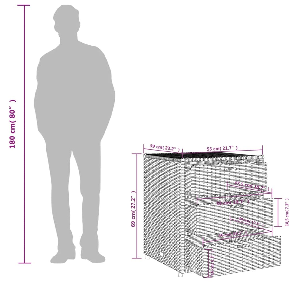 Diagramm mit Maßen eines Outdoor-Stauschrankes und einer Person.