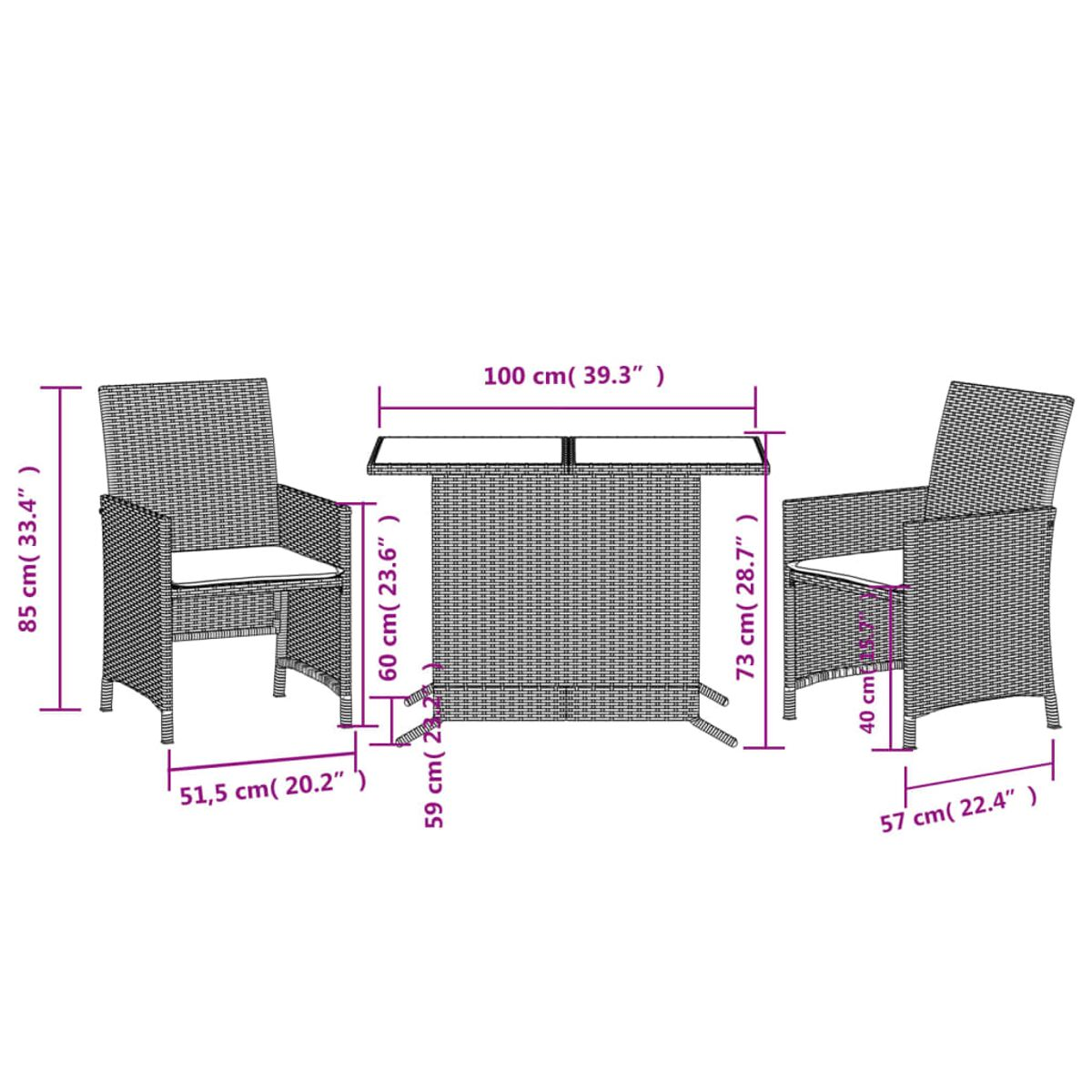 Outdoor-Set aus Korbgeflecht mit Tisch und zwei Stühlen. Abmessungen inklusive.