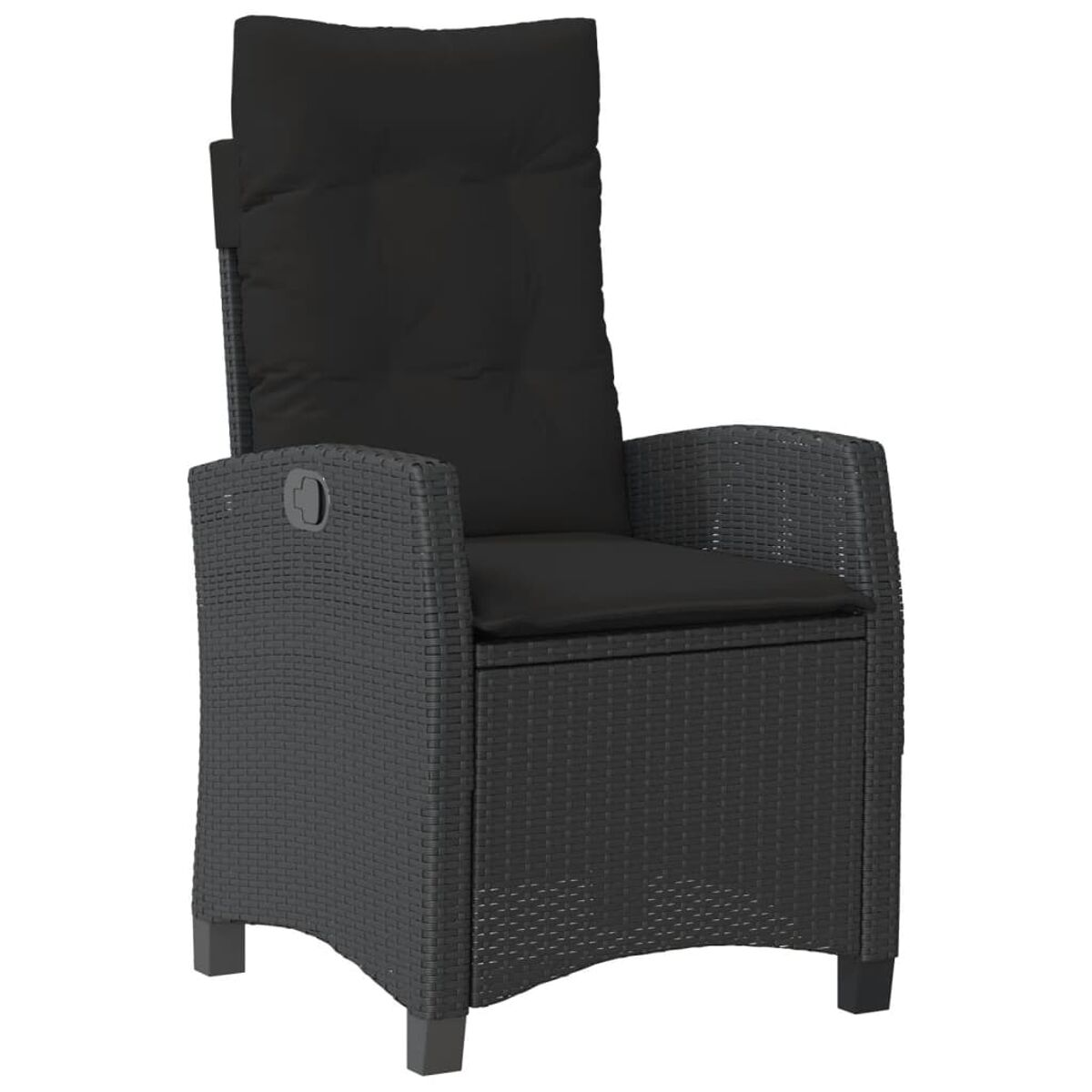 Sedia in vimini nera con schienale alto e cuscino nero. Braccioli e design moderno.