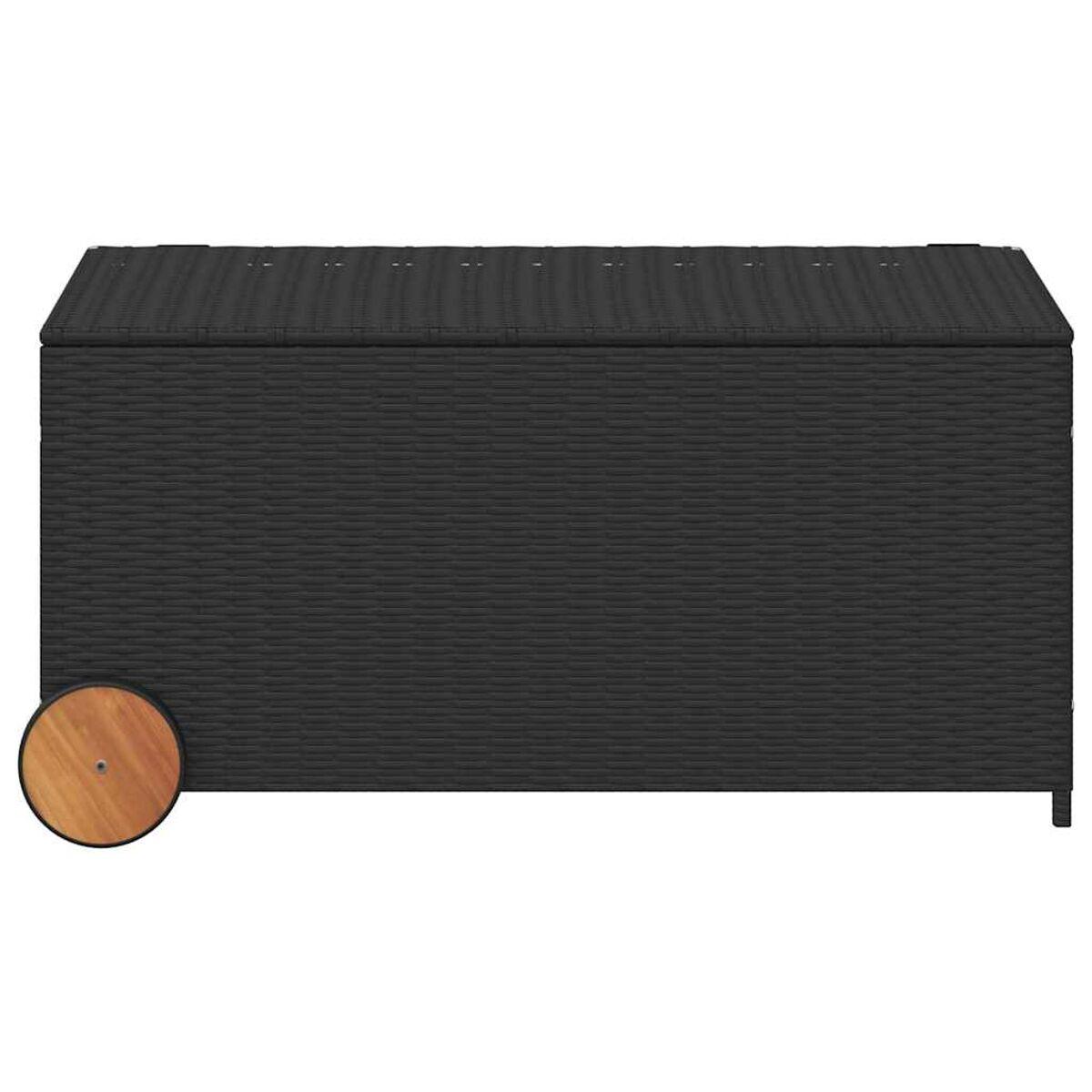 Schwarze Aufbewahrungsbox aus Korbgeflecht mit Deckel. Auf der linken Seite befindet sich ein Holzrad.
