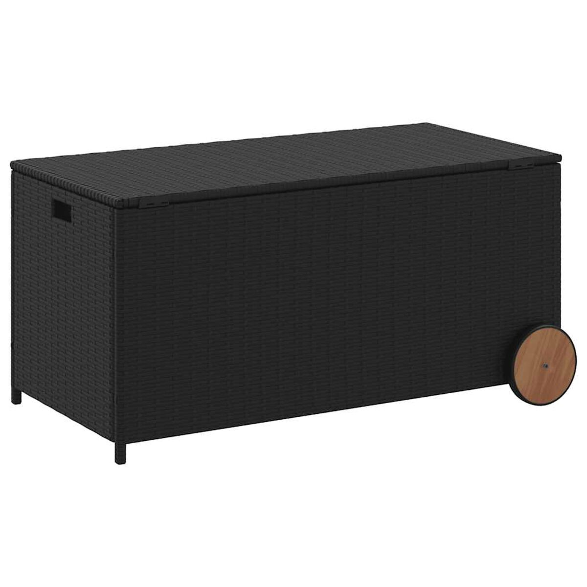 Schwarze Aufbewahrungstruhe aus Rattan mit Deckel und Holzrad.