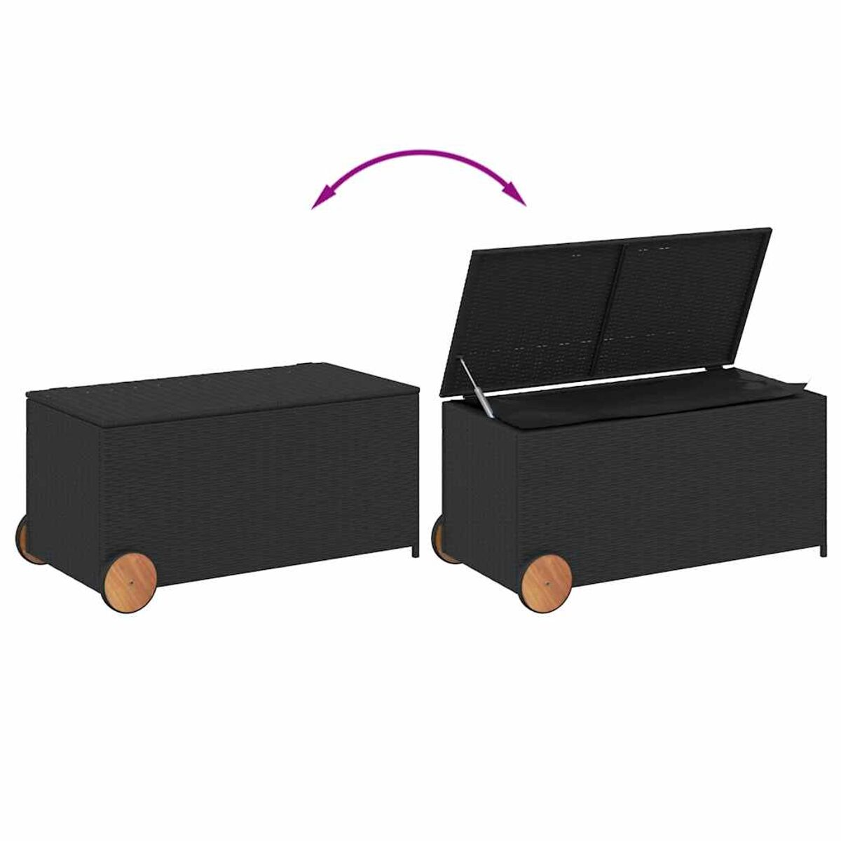 Eine schwarze Outdoor-Aufbewahrungsbox aus Weide, geschlossen und offen. Die Box hat Holzräder und eine Holzplatte.