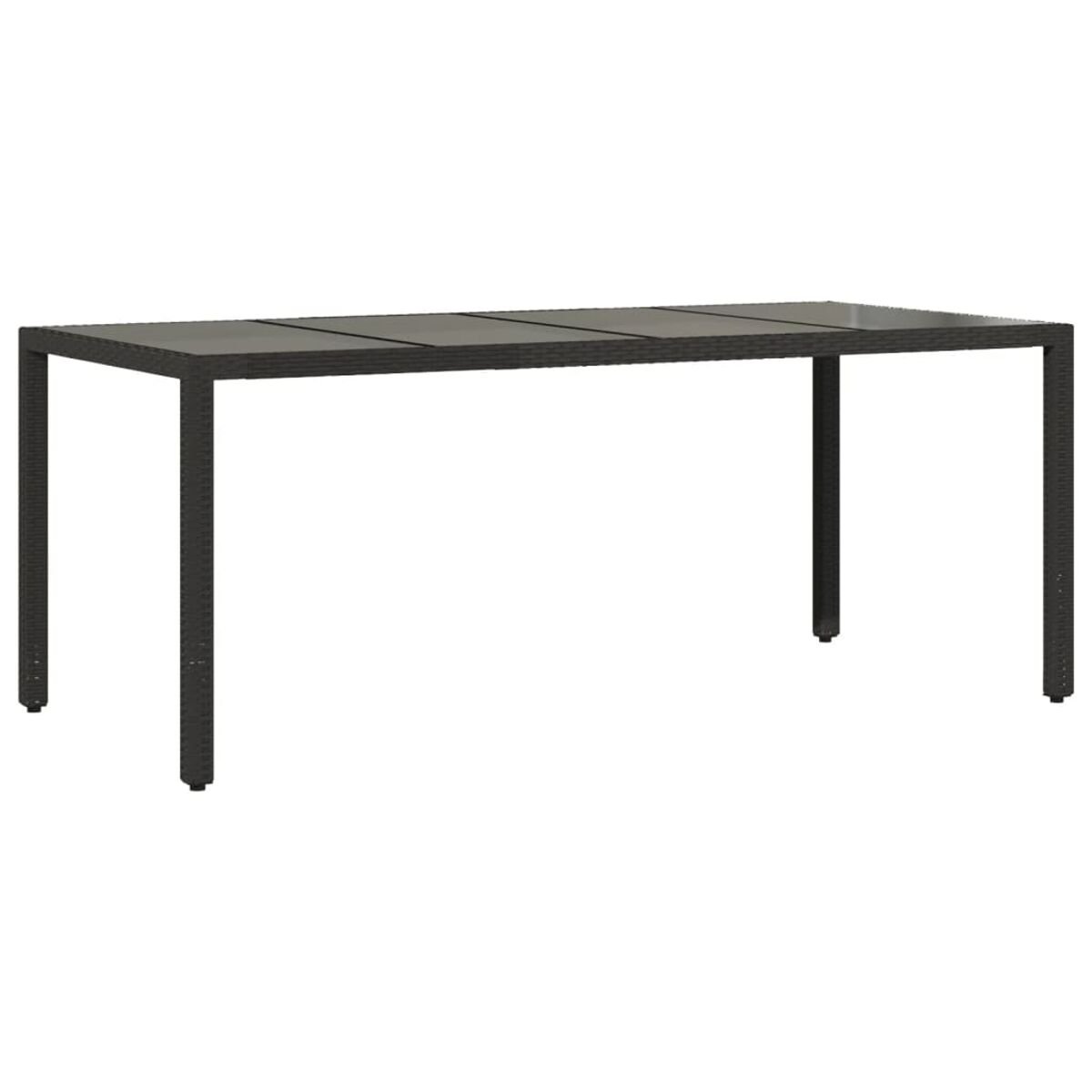 Ein rechteckiger Tisch mit schwarzem Rahmen und einer Tischplatte aus Holzplanken. Er ist für den Außenbereich konzipiert.