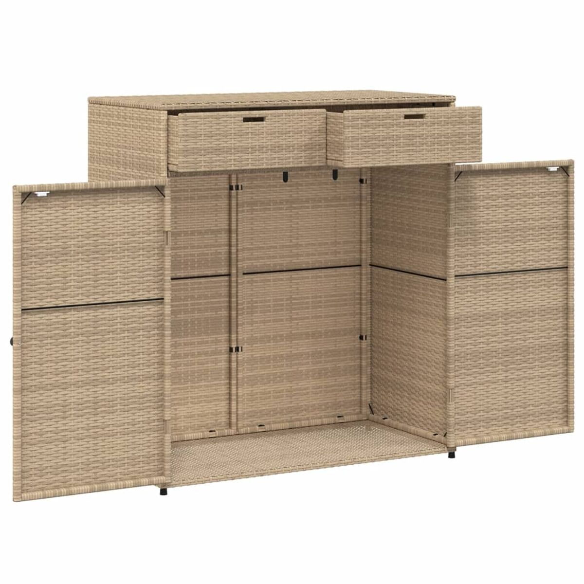 Wicker-Aufbewahrungsschrank mit zwei Schubladen und offenen Türen. Beige Farbe mit schwarzen Beinen.