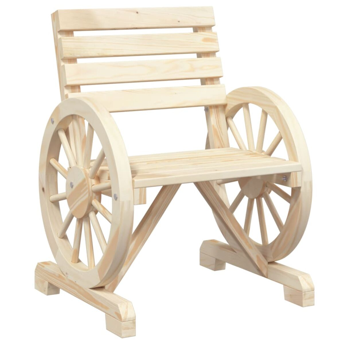Holzstuhl mit Wagenradseiten. Helles Holz, Lattenrost und Rückenlehne. Außen.