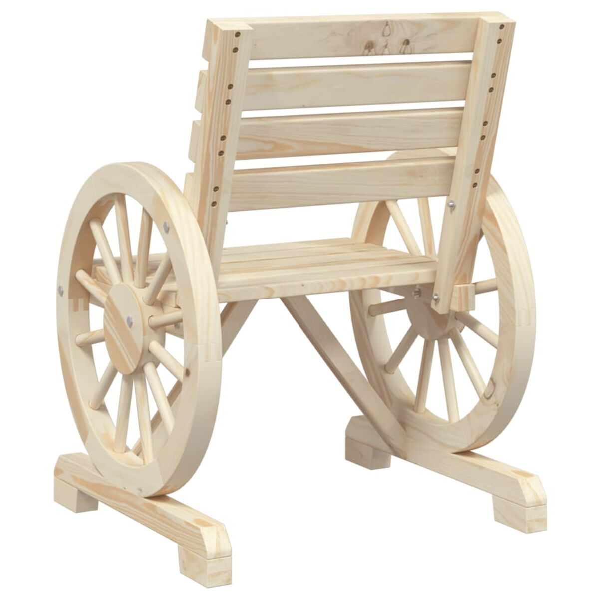 Holzstuhl mit Wagenradseiten. Der Stuhl ist aus hellem Holz gefertigt.