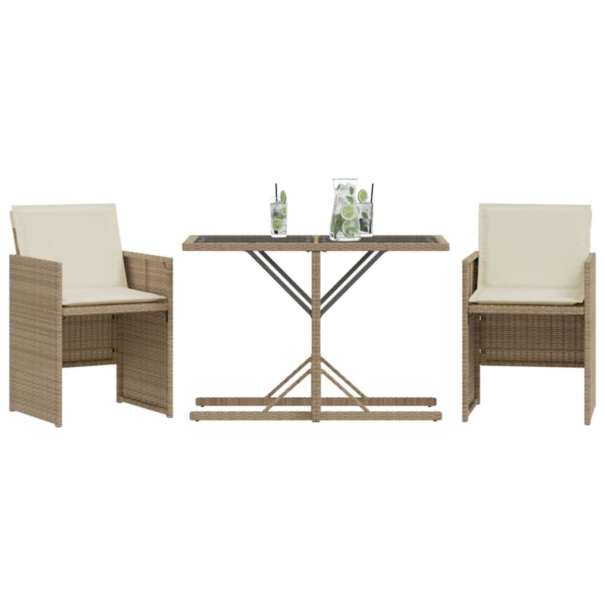 Ein Outdoor-Bar-Set mit zwei Stühlen und einem kleinen Tisch mit Getränken. Die Szene ist vor einem weißen Hintergrund.