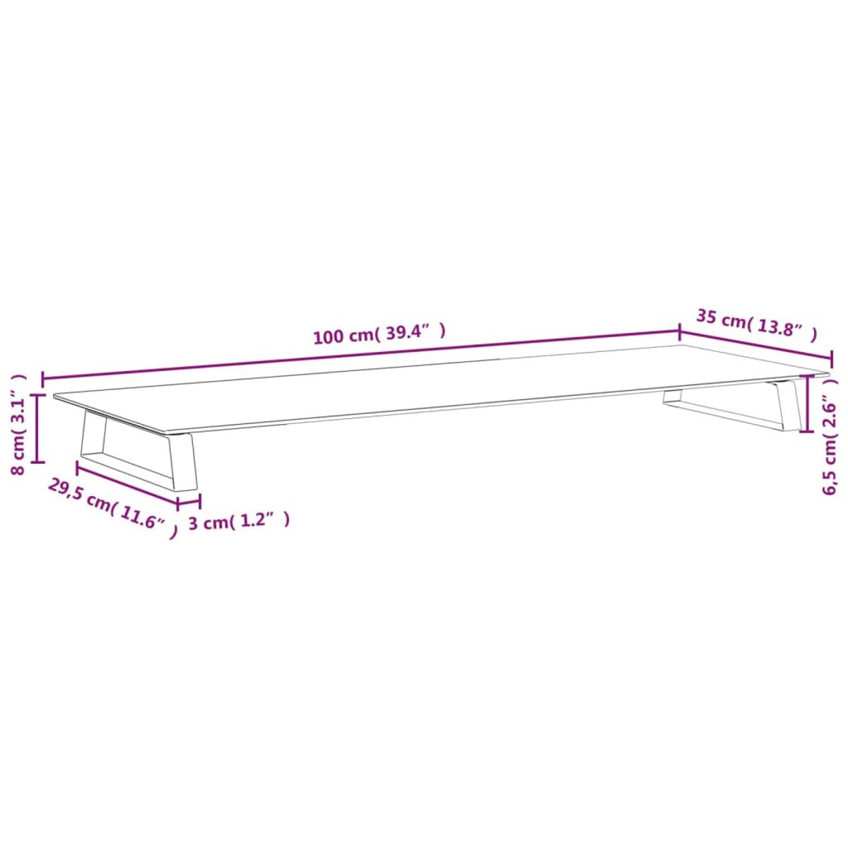 Maßdiagramm eines langen, dünnen, weißen Tisches mit zwei Beinen.