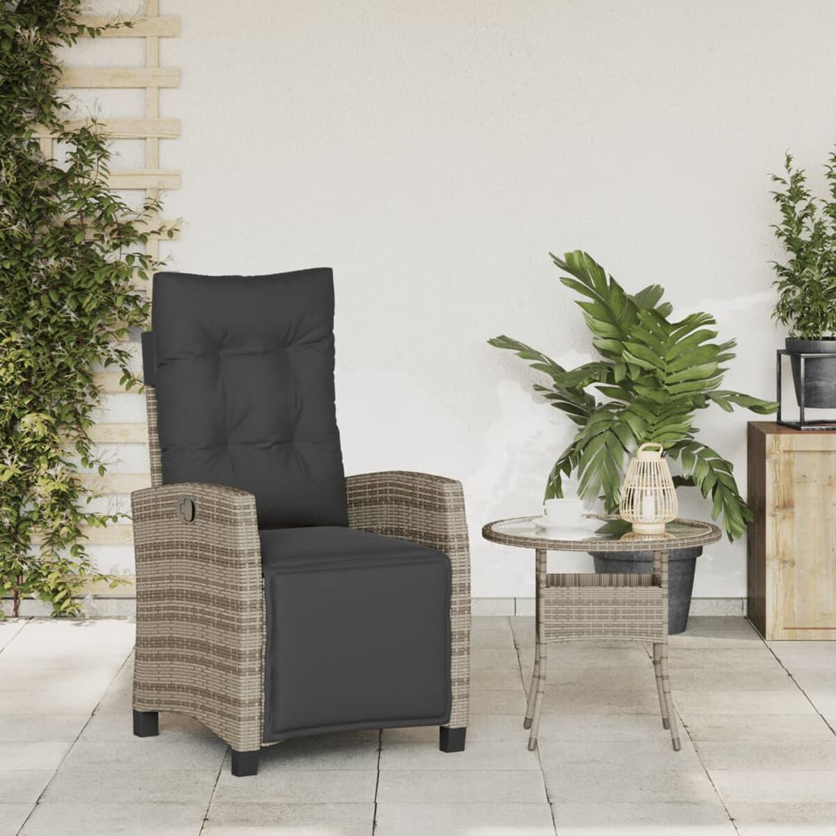 Korbstuhl mit schwarzem Kissen und kleinem Tisch. Grüne Pflanze und weiße Wand im Hintergrund.