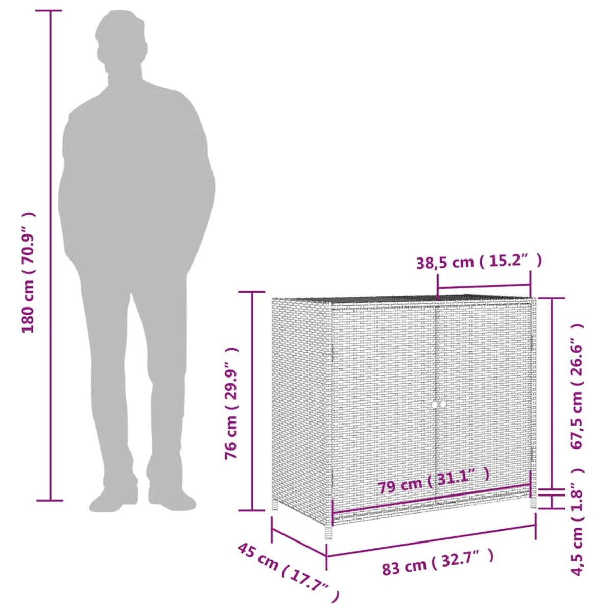 Korbschrank mit Maßen, eine Person daneben, um die Größe zu vergleichen.