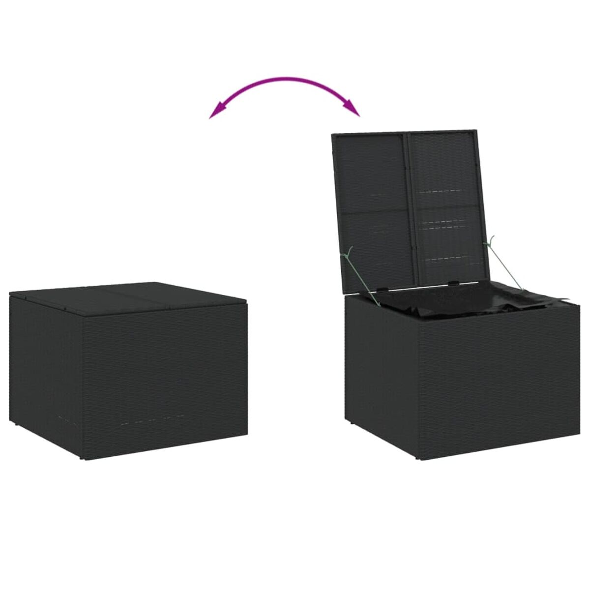 Eine schwarze Aufbewahrungsbox aus Korbgeflecht mit einem Deckel, der geöffnet werden kann.