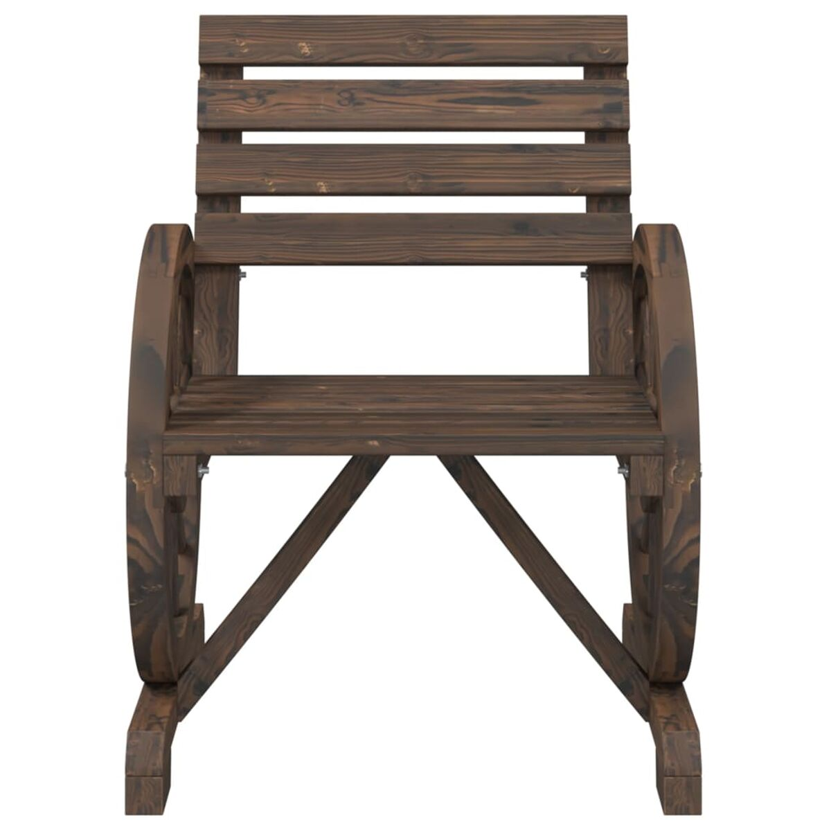 Schaukelstuhl aus Holz mit breiten Rädern. Der Stuhl ist dunkelbraun und hat eine Lattenlehne.