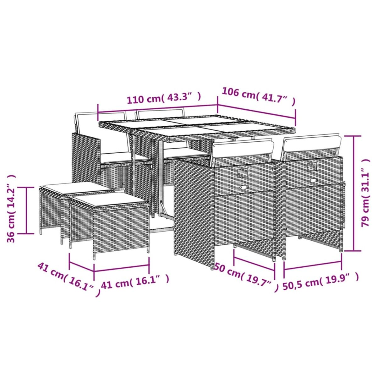 Set da pranzo da esterno in rattan con tavolo e sedie, le dimensioni sono indicate.