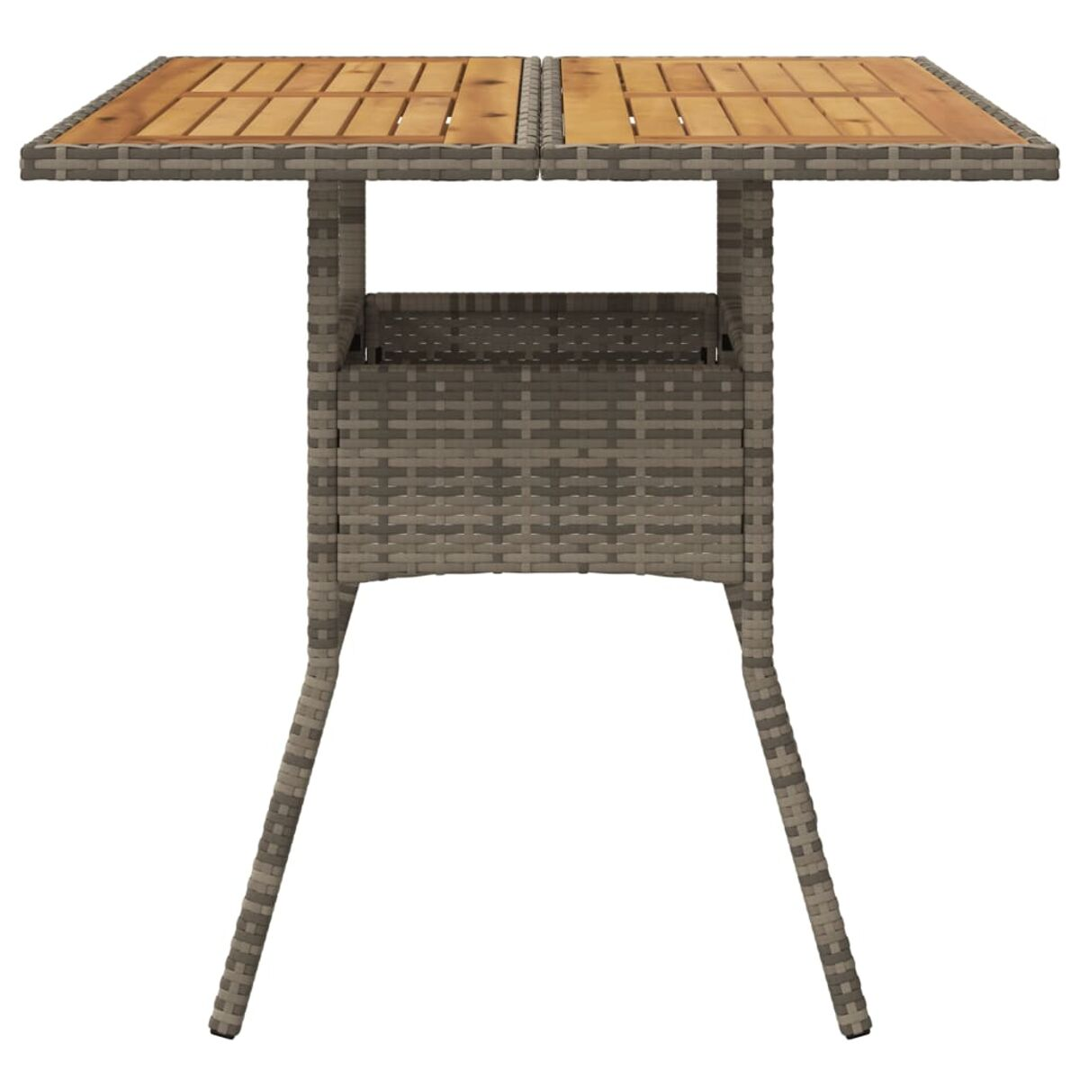 Ein quadratischer Holztisch mit einem Korbfuß und einer Holzplatte, isoliert auf weißem Hintergrund.