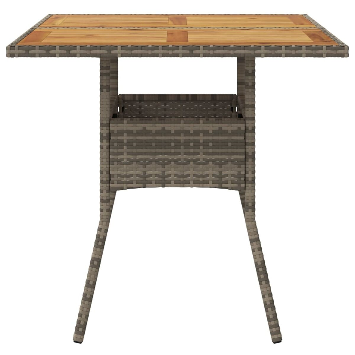 Quadratischer Tisch mit Holzplatte und gewebtem Sockel. Vier Beine. Gartenmöbel.