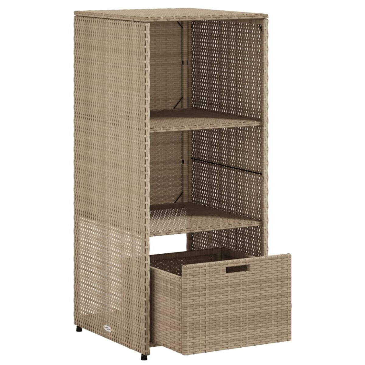 Beige gewebtes Aufbewahrungsmöbel mit Regalen und einer Schublade.