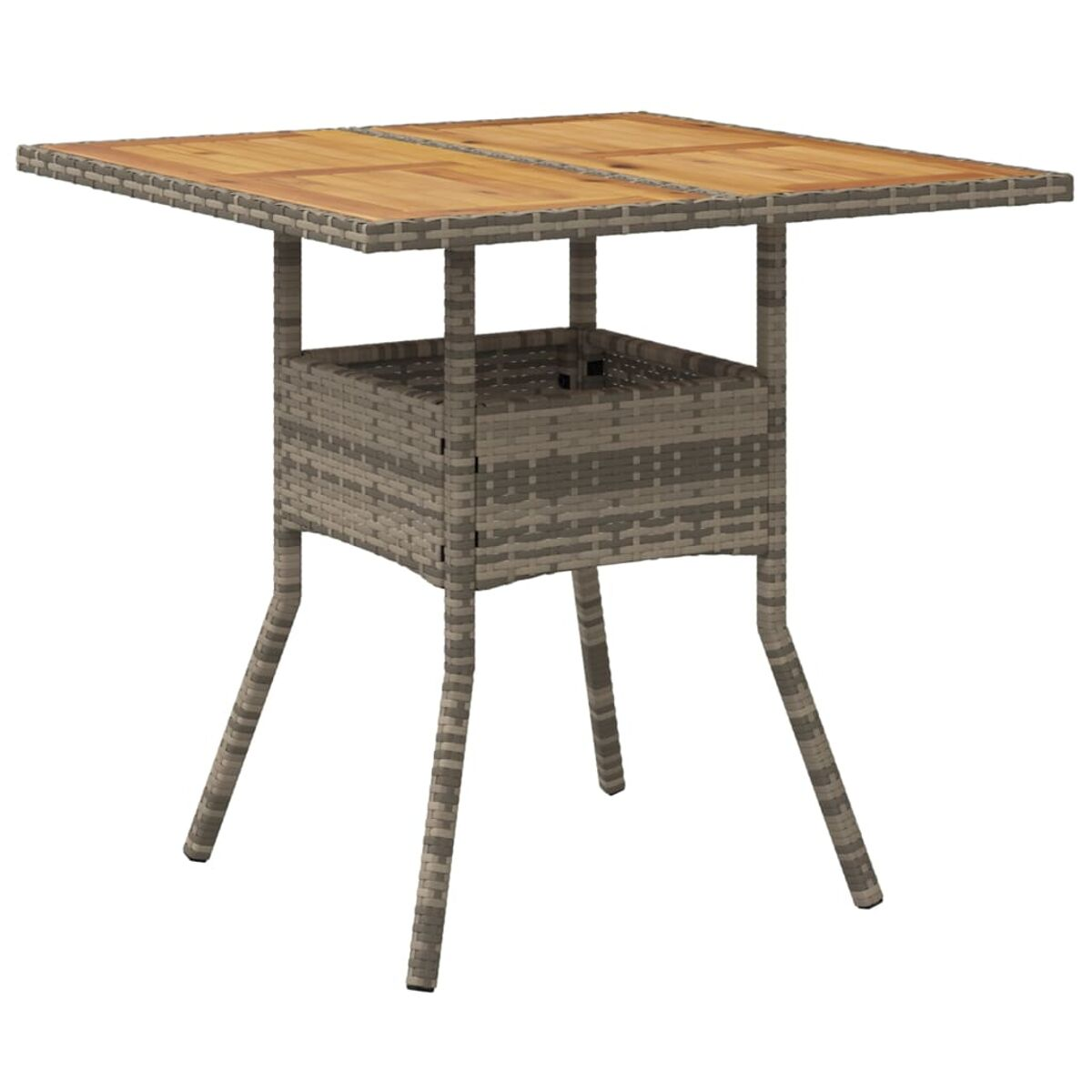 Ein grauer Korbtisch mit einer Holzplatte. Die Basis ist graues Korbgeflecht. Vier dünne Beine stützen den Tisch.