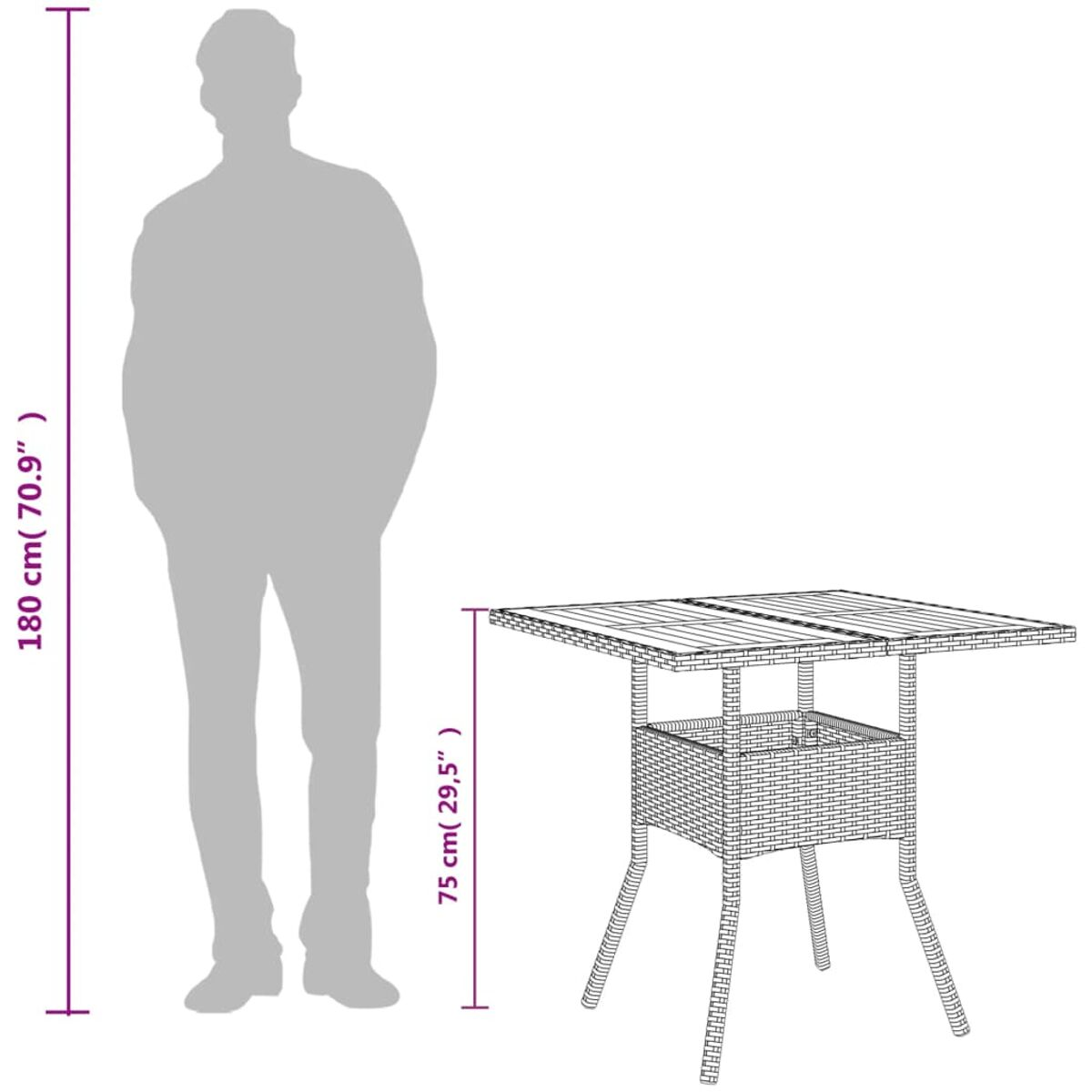 Eine Person neben einem Tisch, mit angezeigten Maßen, weißer Hintergrund.