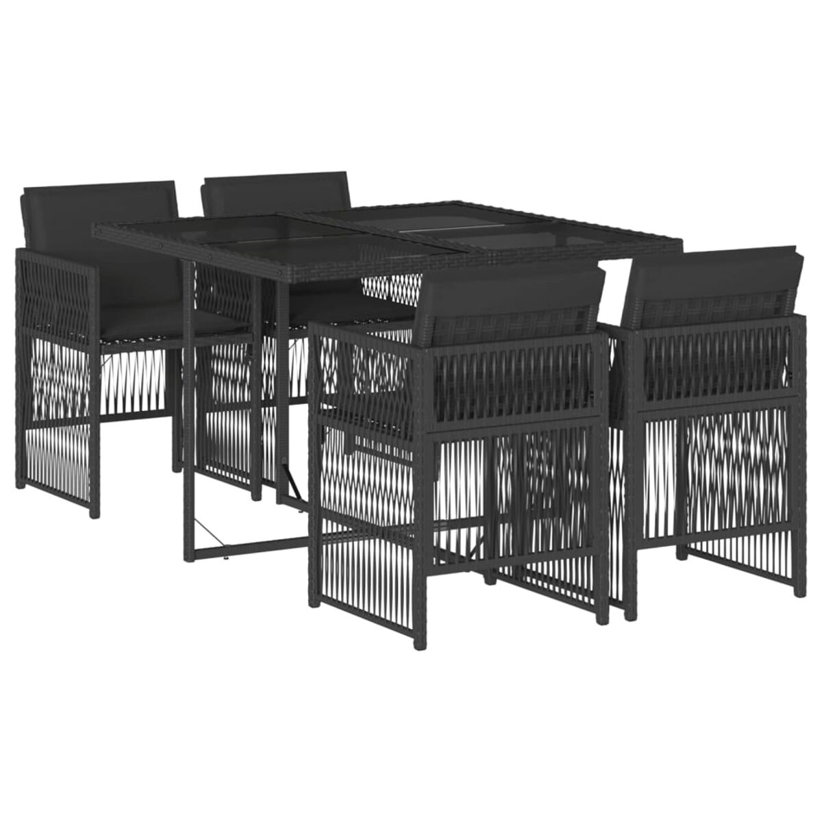 Ein schwarzes Esszimmer-Set für draußen mit Glastisch und schwarzen Stühlen. Stühle haben Webdetails.