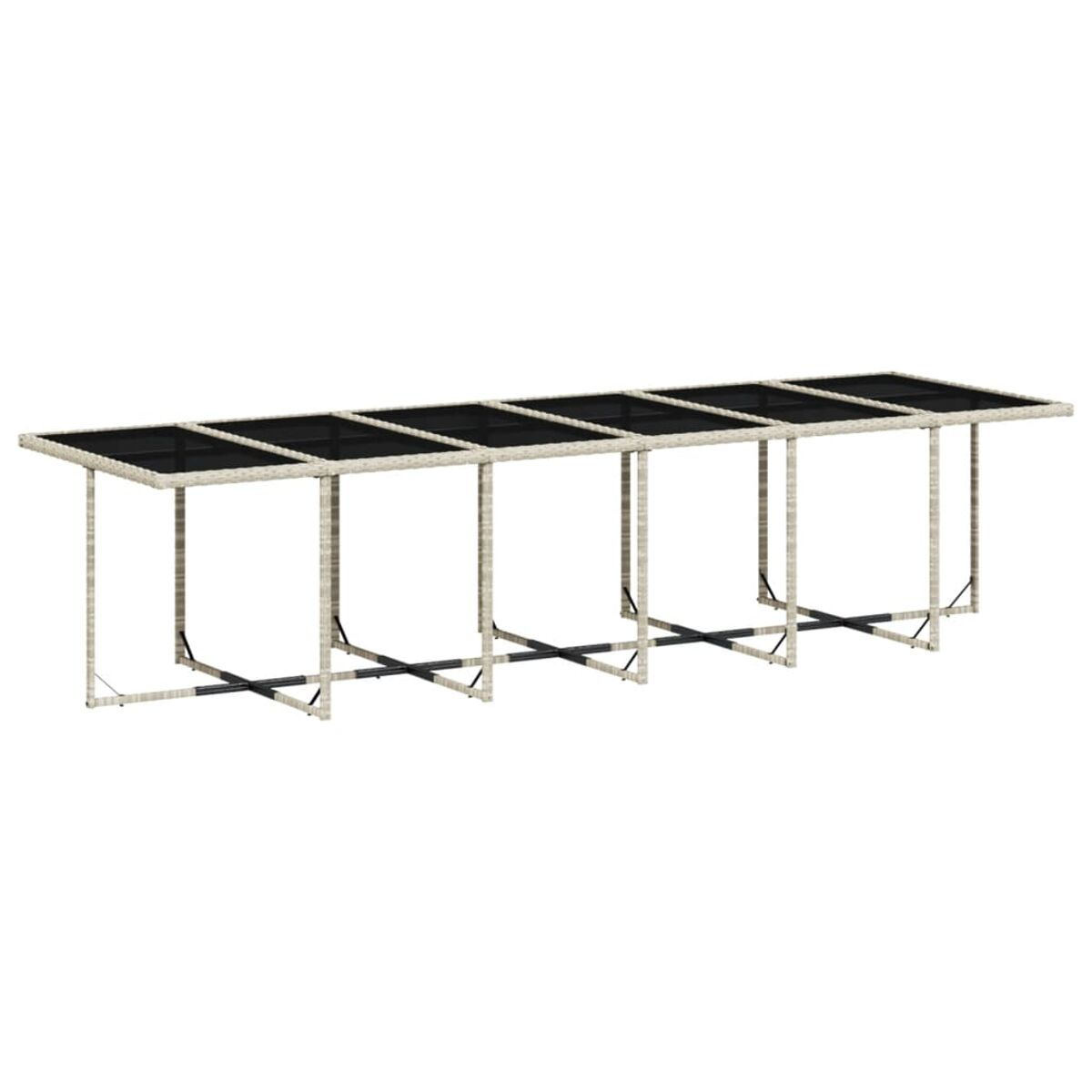 Tavolo lungo in vimini con piani in vetro nero. Ha un design a griglia sui lati e gambe nere.