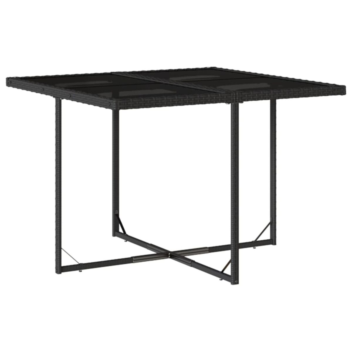 Schwarzer quadratischer Tisch mit gewebtem Design, getragen von schwarzen Metallbeinen. Oberseite ist Glas.