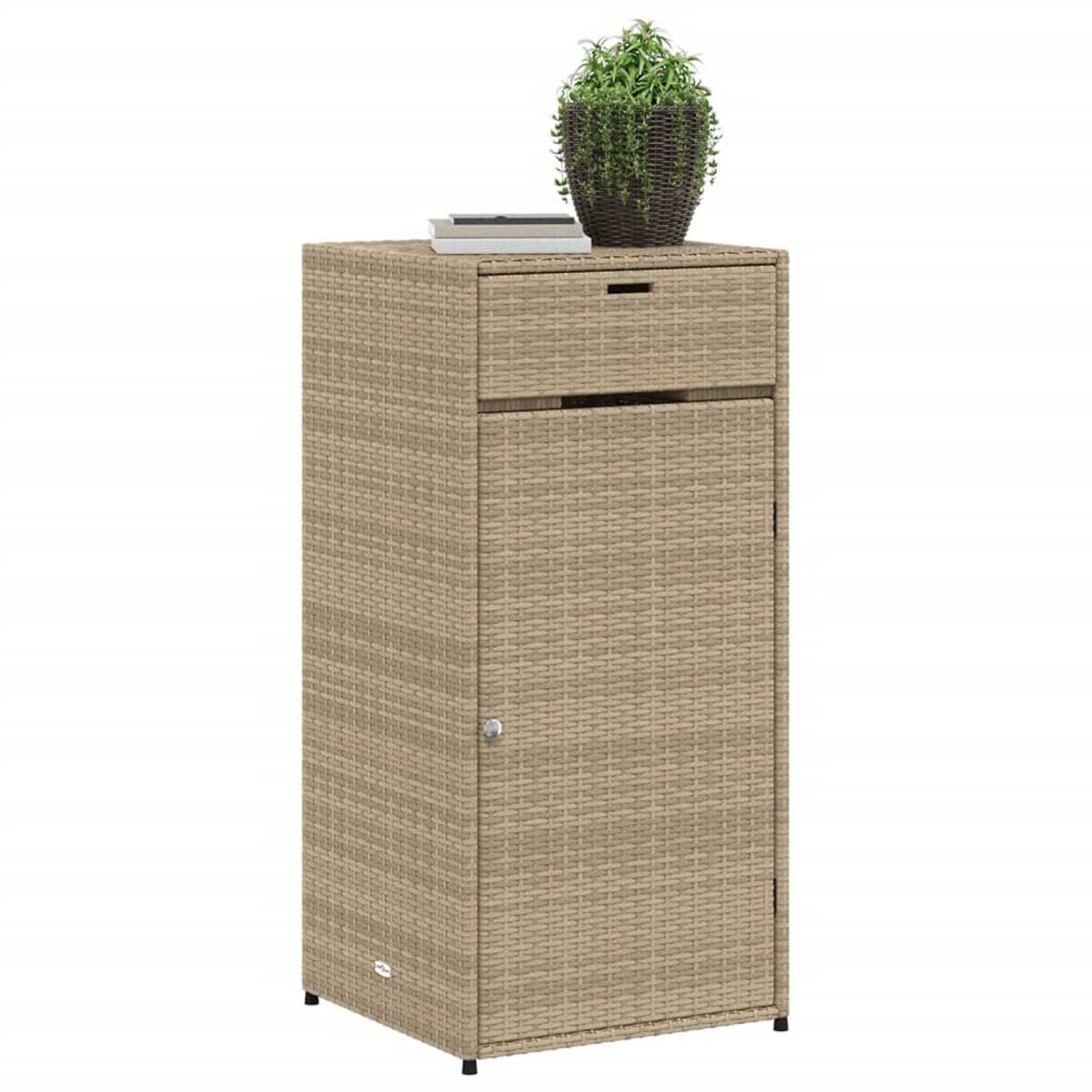 Korbgeflecht-Schrank mit Schublade und Tür. Beige, mit Topfpflanze oben und schwarzen Beinen.
