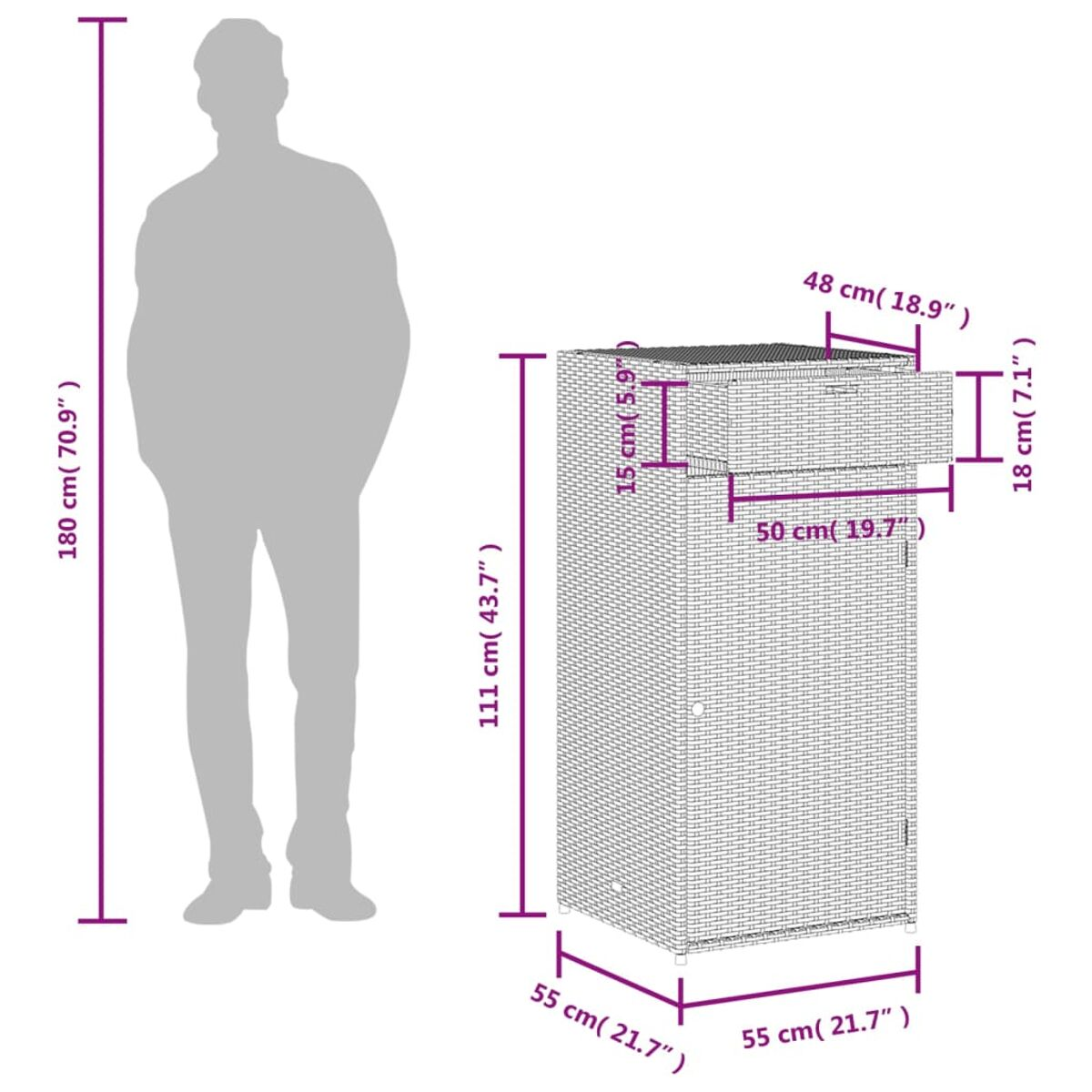 Eine Person neben einem Korbschrank mit Abmessungen. Der Schrank ist hellbraun.