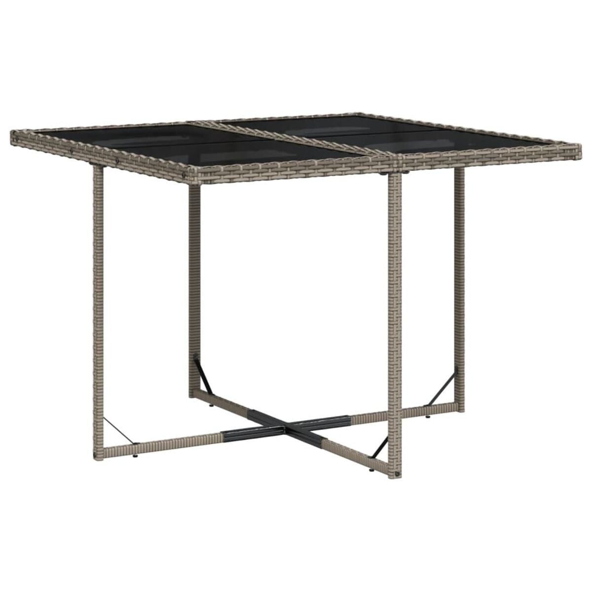 Quadratischer Outdoor-Tisch mit Glasplatte und Korbfüßen und -rahmen.