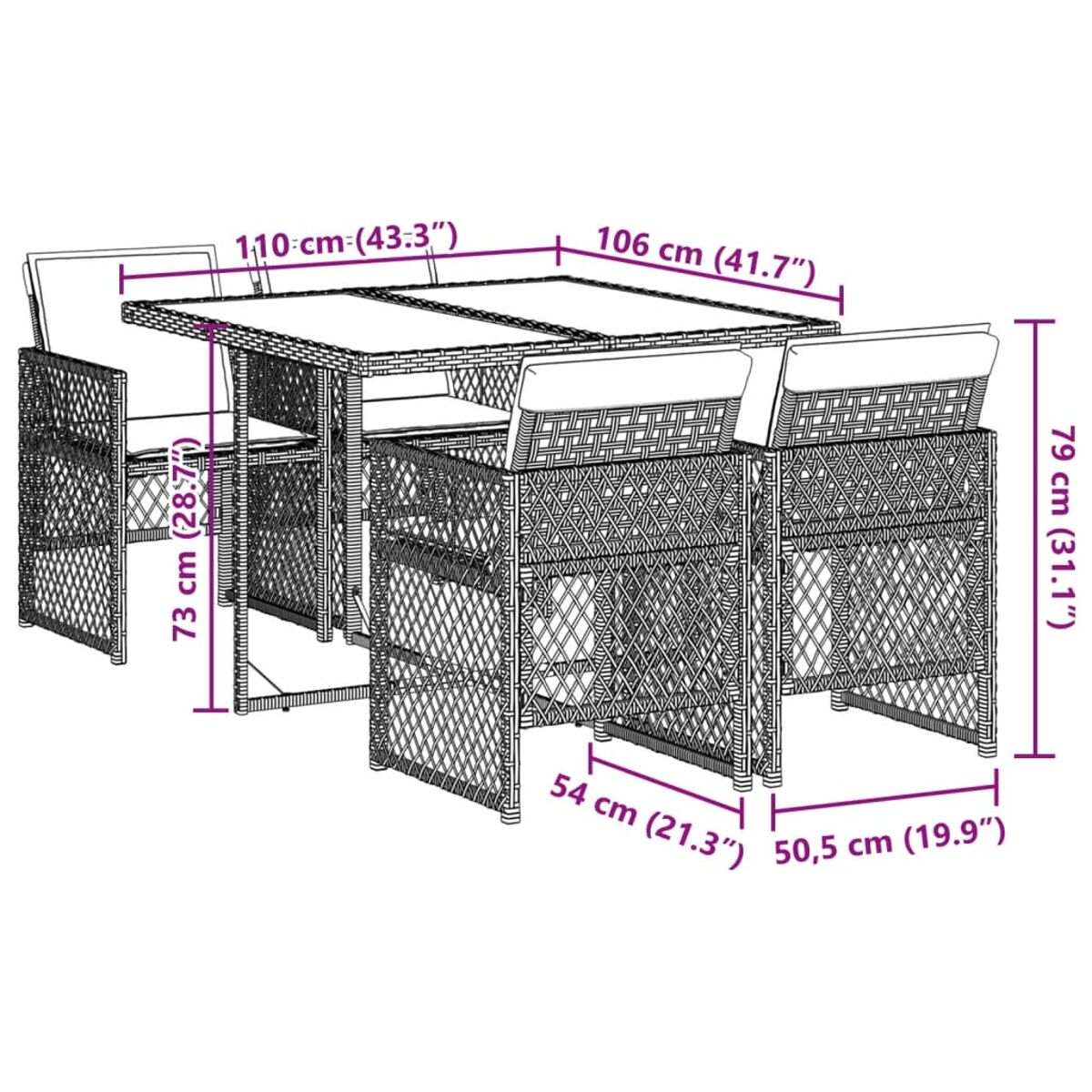 Outdoor-Rattanmöbel-Set, Tisch und Stühle, mit abgebildeten Abmessungen.