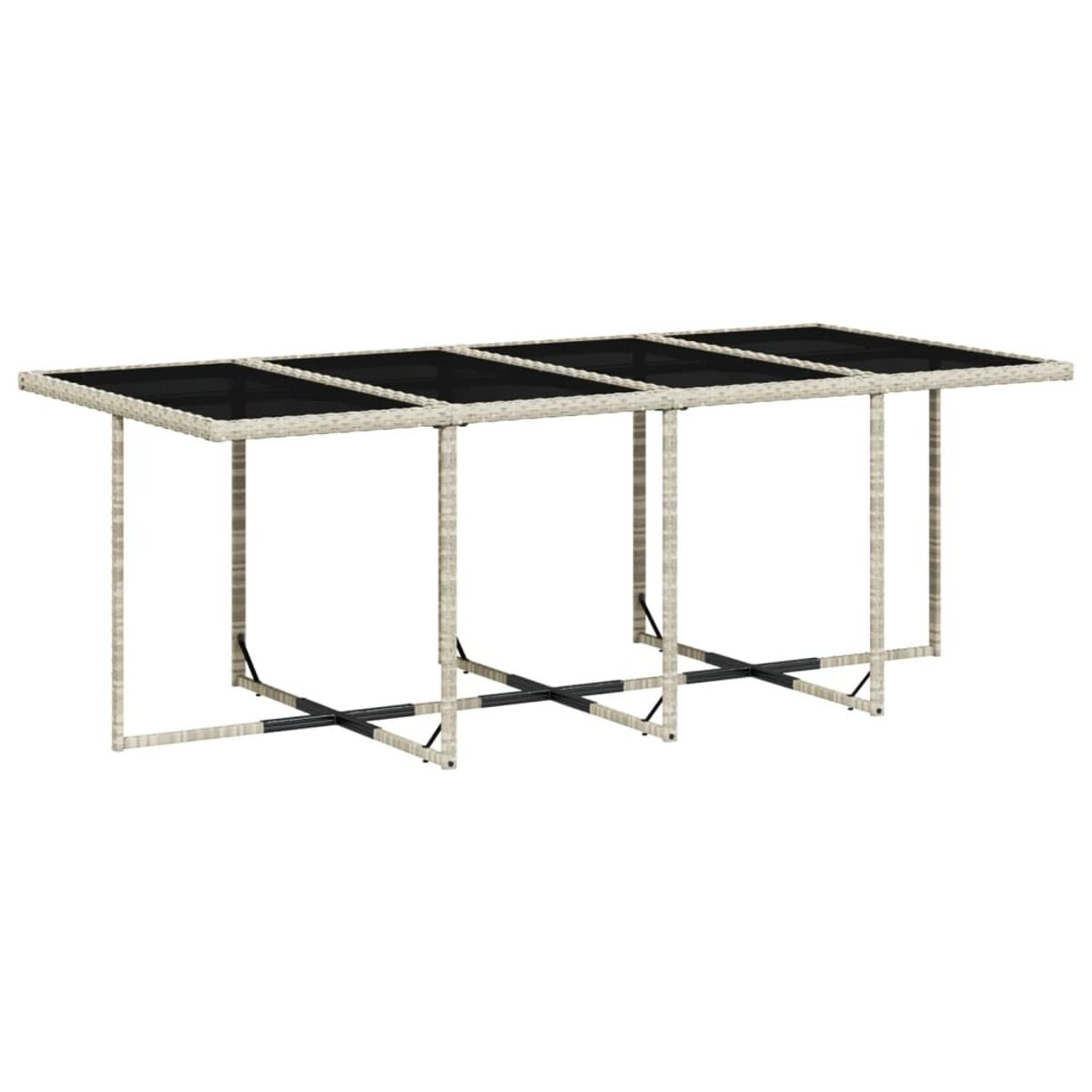 Un lungo tavolo da esterno con piano in vetro, sostenuto da un telaio bianco, isolato.