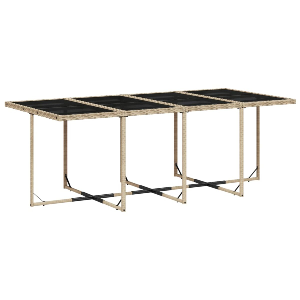 Tavolo in rattan da esterno. Piano in vetro nero, struttura beige, supporti a forma di X e sfondo bianco.