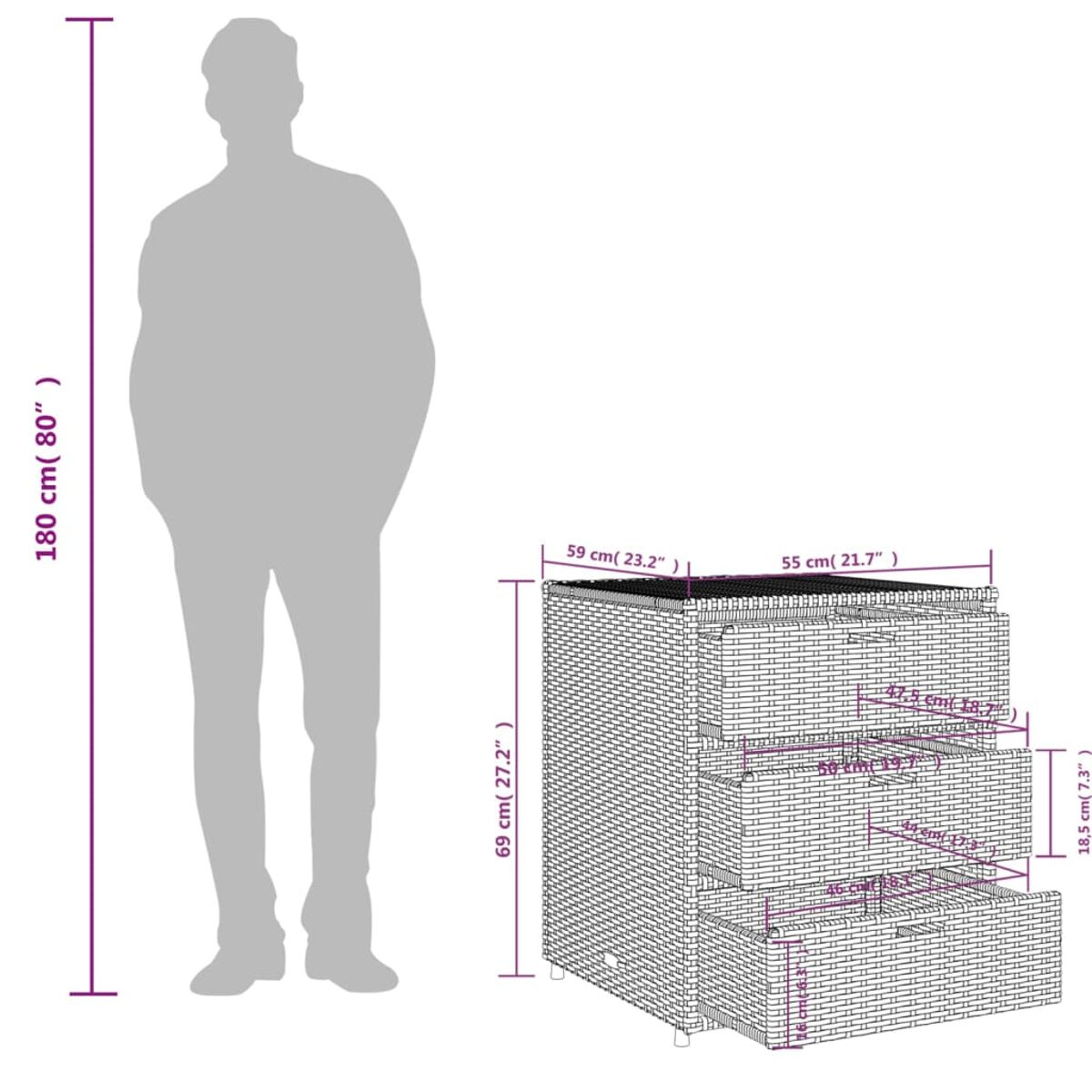 Silhouette einer Person neben einem Aufbewahrungsschrank aus Weide mit Maßangaben auf weißem Hintergrund.