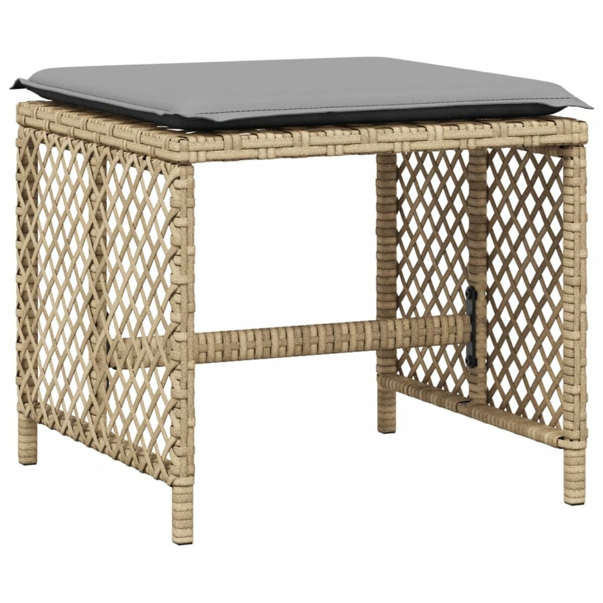 Korhhocker mit grauem Kissen. Rautenmuster-Seiten. Weißer Hintergrund.