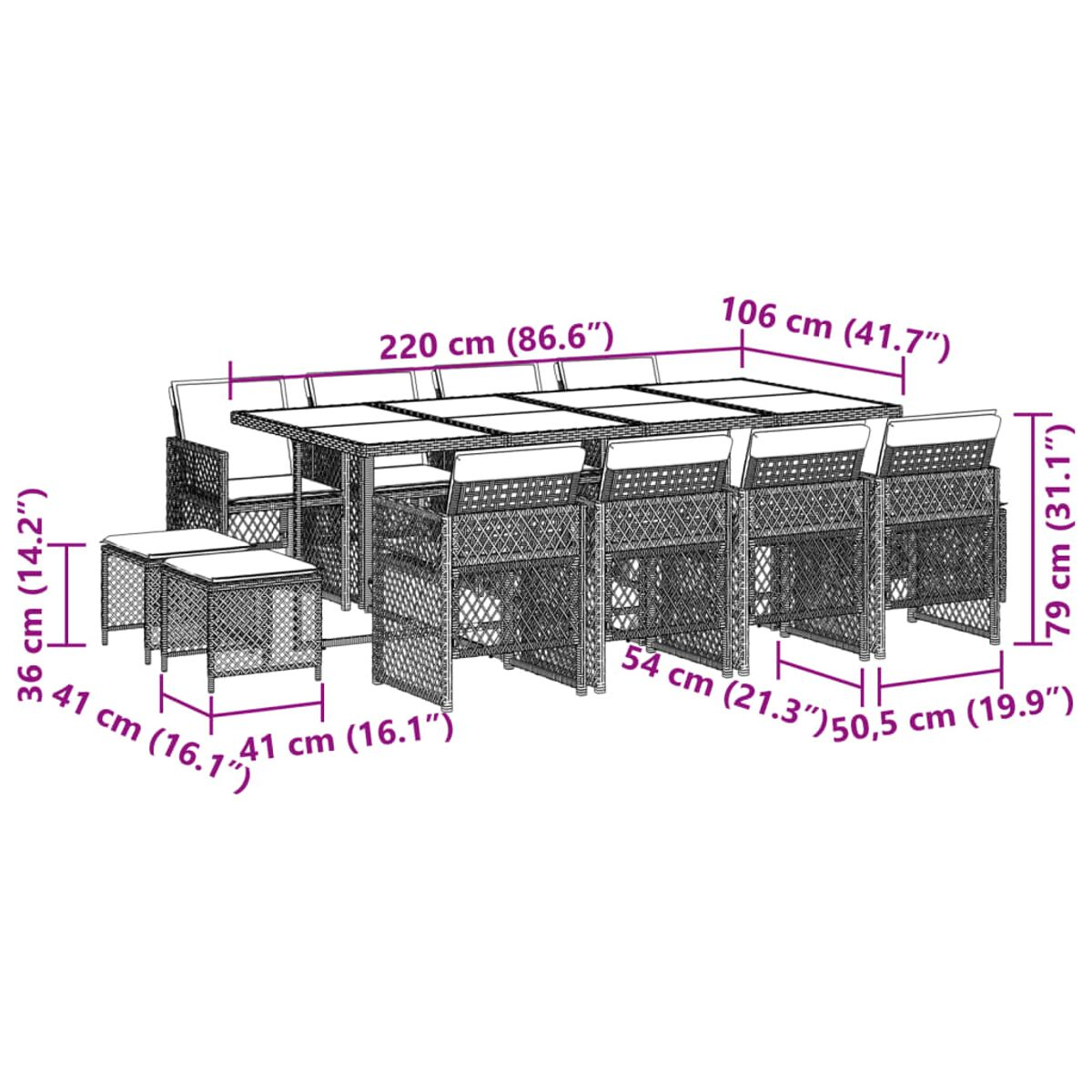 Diagramm eines Rattan-Tisch- und Stuhlsets mit Abmessungen.