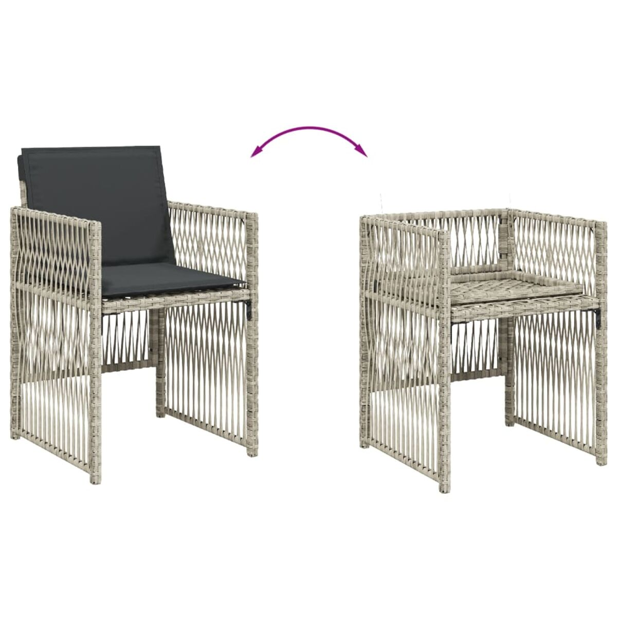 Due sedie in vimini con un design reversibile. Una con cuscino e l'altra senza.