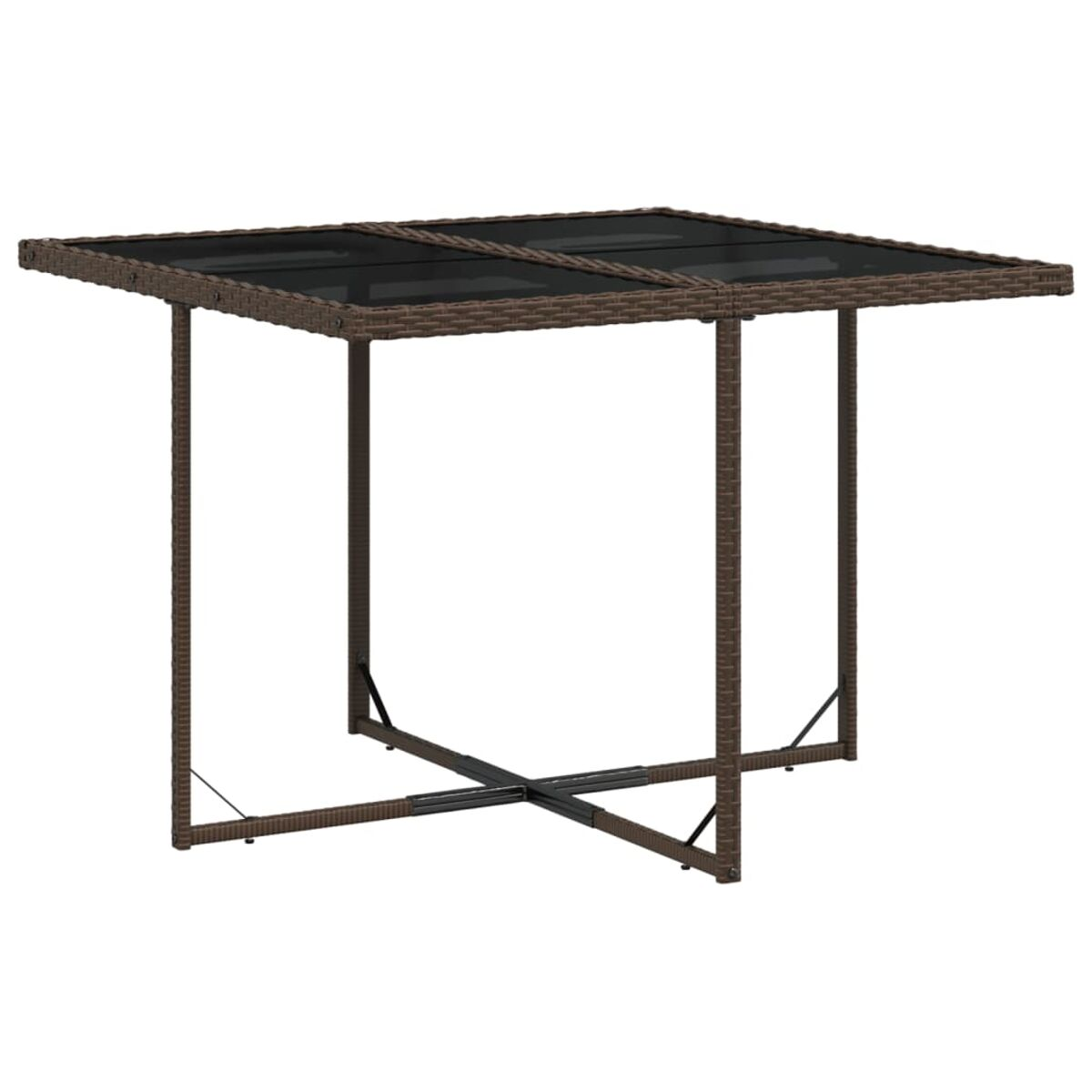 Tavolo quadrato con piano in vetro e struttura in vimini marrone con gambe a forma di X.