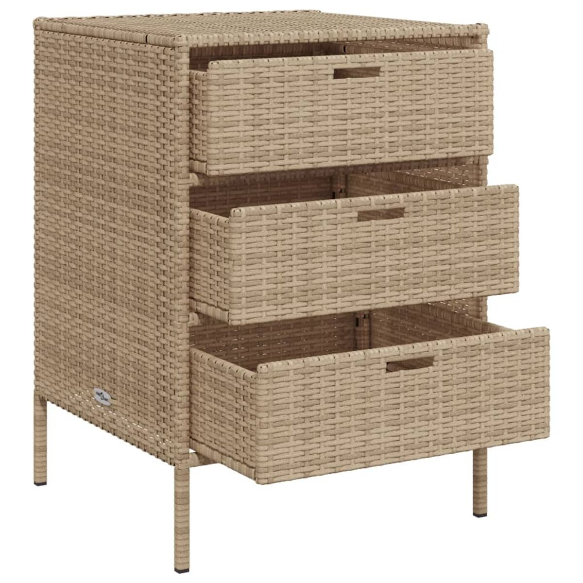 Weidenkorb-Schrank mit drei Schubladen, die mittlere offen. Beige Farbe.