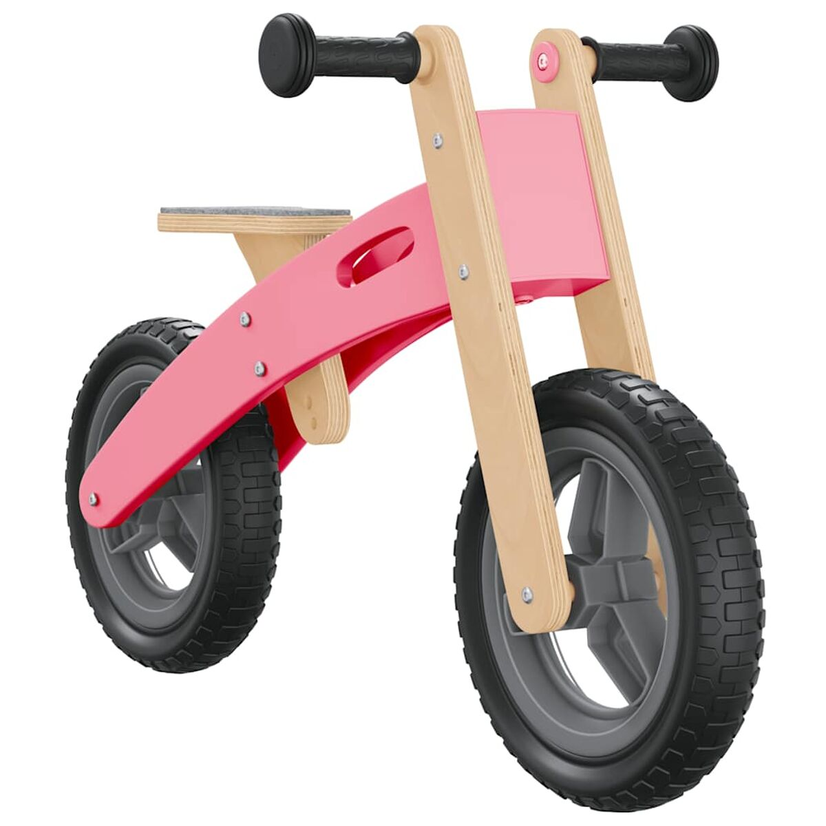 Ein rosa Laufrad mit grauen Reifen, Holzrahmen und schwarzen Lenkern.