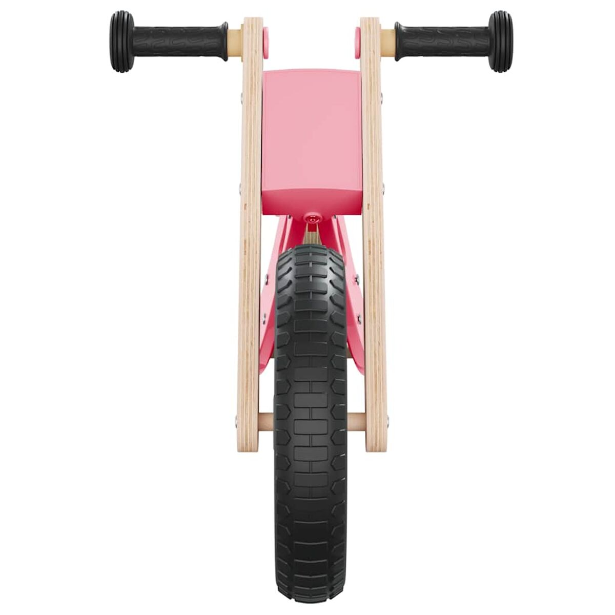 Rosa Laufrad, von vorne gesehen. Das Fahrrad hat einen Holzrahmen und schwarze Reifen.
