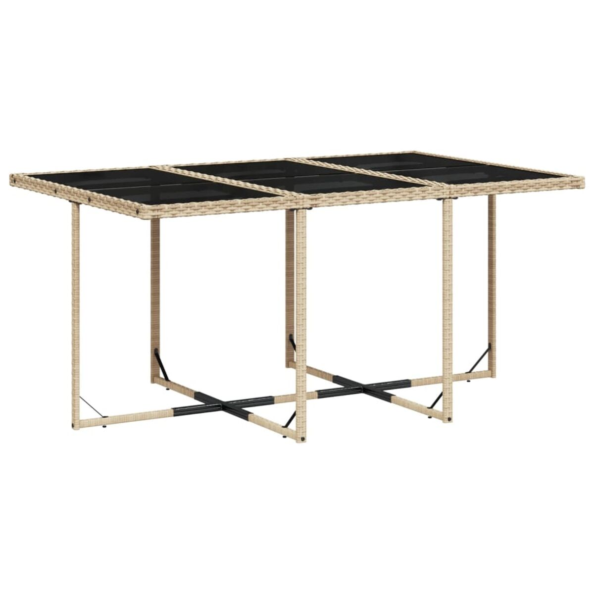 Un tavolo da pranzo per esterni con piano in vetro e struttura intrecciata, montato con gambe e traverse.