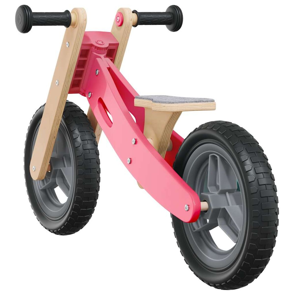 Ein rosa Laufrad mit schwarzen Griffen und Reifen. Der Rahmen besteht aus Holz und rosa Material.