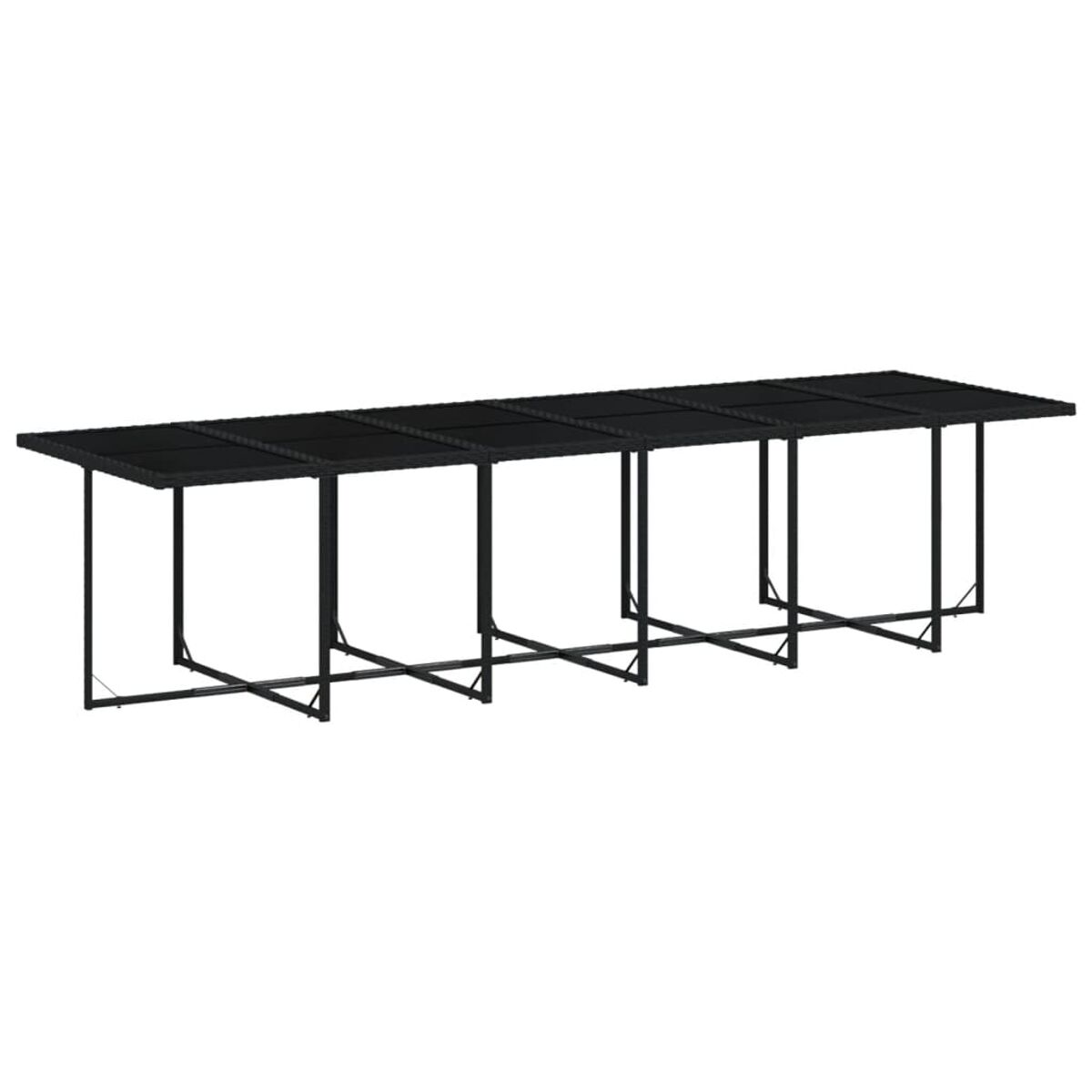 Mesa larga negra con patas negras. La mesa está vacía. El fondo es blanco.