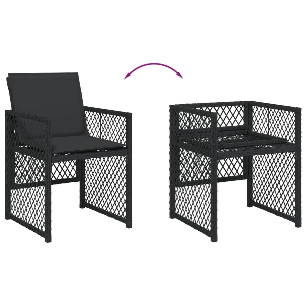 Schwarzer Rattan-Stuhl mit Kissen verwandelt sich in einen zusammengeklappten Stuhl. Pfeil zeigt die Transformation an.