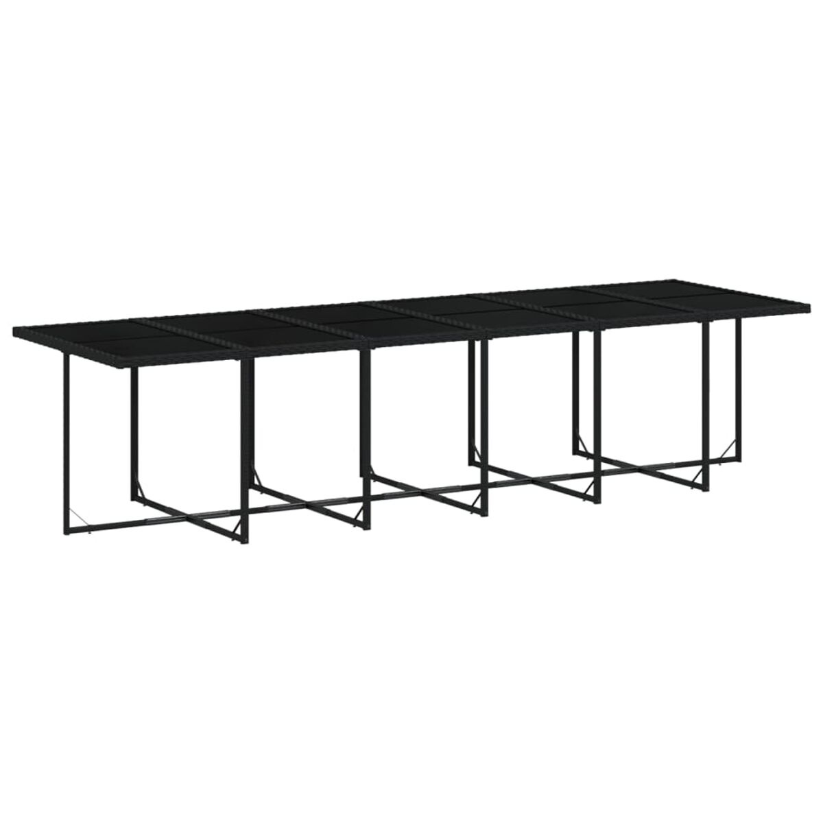 Tavolo lungo, nero con piano in vetro e telaio in metallo. Il telaio ha un design a forma di X.