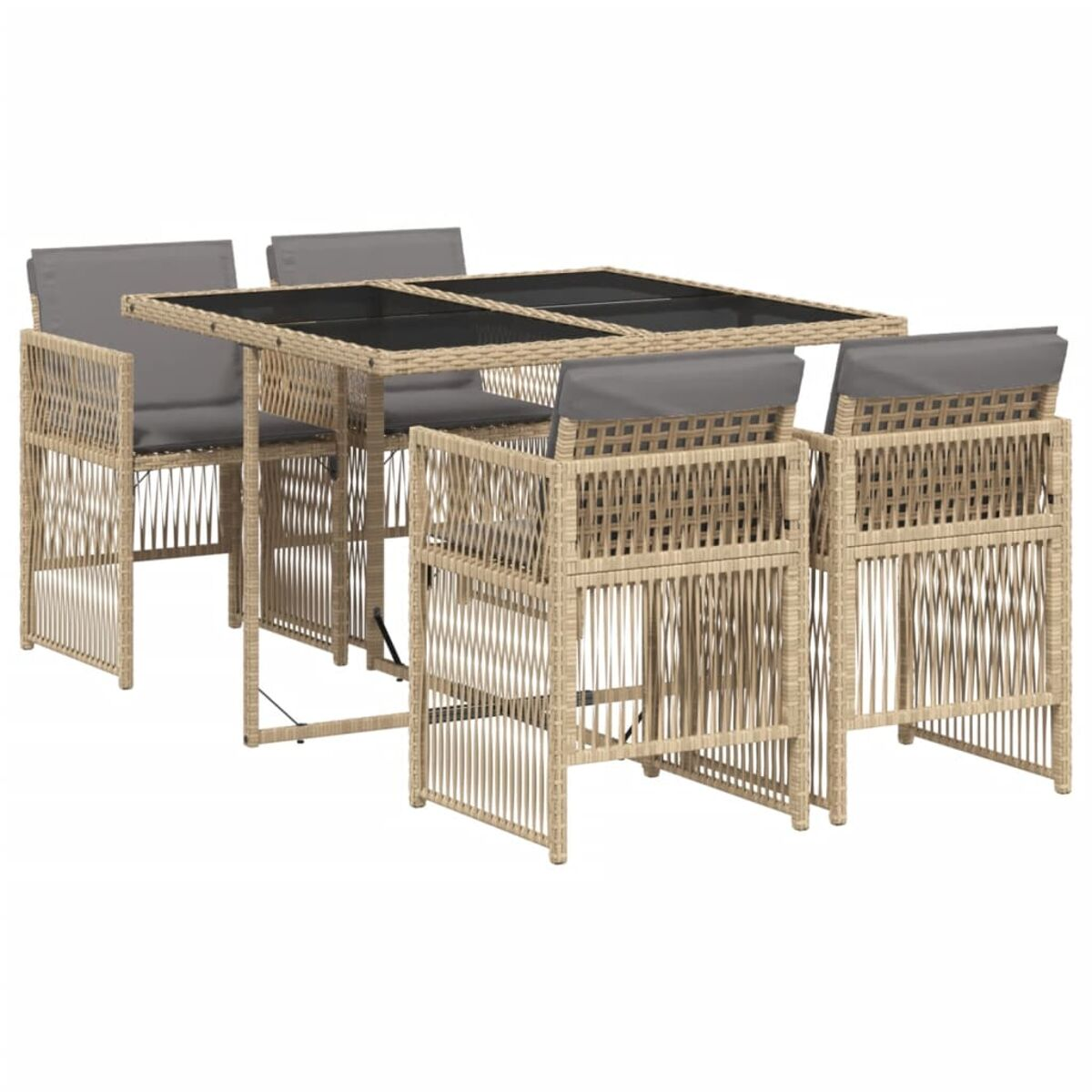 Set da pranzo da esterno in vimini con tavolo quadrato e quattro sedie con cuscini grigi.