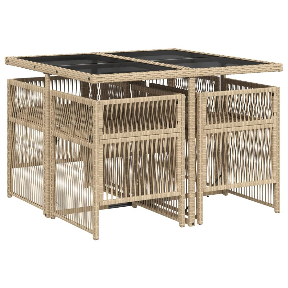 Un set di tavolo e sedie in vimini con piano in vetro.